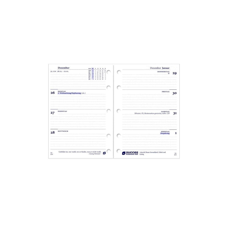 2025 Mini Kalendereinlage 1 Woche/2 Seiten Weiß Deutsch